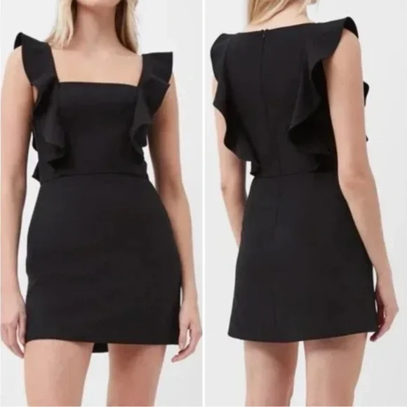 NEW FRENCH CONNECTION Womens Black Sleeveless Mini Ruffle Fit Dress LBD - Picture 1 of 16